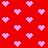 Red background with scattered light pink pixelated hearts, some forming partial shapes.