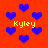 Red background with scattered blue hearts and yellow text reading "Kyle" in multiple positions.