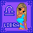 Pixel art contact sheet of six animated frames showing a blonde woman in a blue dress against a purple background with the Libra zodiac symbol and text.