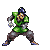 Pixel art animation of a character in green martial arts uniform performing energy attack sequence with changing head color and energy effects.