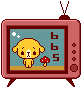 Pixel art of a yellow dog-like character on two pink retro TVs with antennas, each showing the same scene but differing in mushroom position.