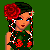 Pixel-art cartoon doll with dark hair, red rose in hair, green floral dress, red skirt, and red high-heeled sandals against green background.