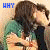 Animated sequence of two people embracing with changing text above them, showing a kissing motion and sequential blue text.