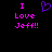 Pixelated text and heart symbol on black background with pink and purple elements.