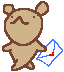 A 4-frame pixel art animation of a brown cartoon bear holding an envelope with red heart symbol, showing different poses and envelope positions across frames.