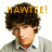 Pixelated image of a person with dark curly hair wearing a light jacket over a collared shirt, with orange text above the head reading HAWTEE!