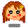 Pixel art contact sheet showing two frames of an animated AIM buddy icon featuring a cartoon girl with brown hair, yellow flower accessory, and red cheeks transitioning from smiling to crying.