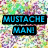 Two side-by-side display 'MUSTACHE MAN!' text in blue and pink with black outlines over a pixelated background, plus a green thumbs-down icon below