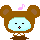 Pixelated character with brown bear-ear hood, light blue face, black eyes, and pink mouth; two versions show open or closed mouths with musical notes above.