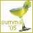Pixelated green cocktail glass with yellow liquid, text 'summa '05' in yellow on left, pink background on right.
