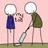 Pixelated four-quadrant image with stick figures, text phrases, and solid color backgrounds.