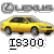 A yellow sedan with dark windows and gray wheels appears below a gray Lexus logo and above black-and-white text reading 'IS300' on a light gray background.