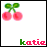Pixelated cherry icon with green stems and pink fruit, paired with alternating text color on 'katie' below.