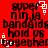 Red background with black pixelated text reading 'super ninja band aids hold us together' and white square pixel clusters at top-right and bottom-left corners.