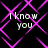 Black background with repeating purple diamond lattice pattern and four identical text blocks reading "I know you" in light gray pixelated font.