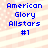 Blue pixelated text "American Glory Allstars #1" on a light pink and white striped background with faint dot pattern.