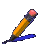 Animated sequence of a yellow pencil with pink eraser drawing circular lines on colored backgrounds, transitioning through blue, purple, gray, green, and yellow surfaces.