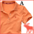 A static orange polo shirt with a small red logo on the chest, displayed in a of six showing text variations