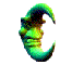Animated crescent moon face with shifting colors and expressions across multiple views.