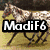 A four- of horse images with overlaid text reading "MadiF6 Loves horses!" in white pixelated font on black outlines
