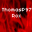 Red background with pixelated white text 'ThomasP97' and 'Rox' repeated across the image, featuring a gray rectangular overlay on the right side.