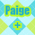 Pixelated graphic with blue and yellow text 'Paige' and 'Anthony', plus symbols, on a diamond-patterned background.