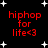 Red pixelated text 'hiphop for life<3' repeated four times on a black background with white star shapes, each instance slightly offset from the others.