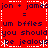 Red background with dark blue pixelated text and white dashed lines forming a