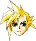 Two pixelated character head views with spiky yellow hair, one with open green eyes and the other with closed eyes against a gray background.
