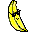 Pixelated banana icon in two states: one curved with a face, the other split into three segments with a checkered pattern.