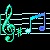 Animated sheet music with blue and purple notes on black background, featuring green treble clefs and yellow sparkles.