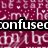 Pixelated maroon background with white text fragments and a central black bar containing the word 'confused' in bold white letters.