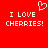 Red background with white pixelated text 'I LOVE CHERRIES!' repeated twice and a heart symbol above the left instance.