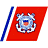 Red background with blue text and a USCG emblem on a white and red flag-like shape.
