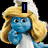Blue-skinned Smurfette with long blonde hair and white dress, shown in multiple poses including hand near chin and smiling.