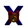 identical X-shaped icons with blue and red elements, each containing a golden '6' symbol on a gray background