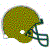 Pixelated green football helmet with brown accents and a dark face mask, surrounded by scattered pastel-colored squares on white background.