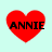 Four red heart shapes with black text "ANNIE" on a light cyan background, arranged in a