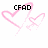 Pixelated pink heart outlines with black text reading 'CFAD is my LiFE !!' on a white background, with a gray rectangle in the bottom-right corner.
