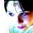 Pixelated image of a stylized face with dark hair, large eyes, and colorful abstract background elements including scattered light squares.
