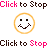 16 pixel-art smiley faces with varied expressions and accessories, each labeled with 'Click to Stop' text in multiple colors above them