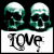 Animated contact sheet of skull icons with text changing from 'LOVE' to 'KILLS' across frames, featuring teal skulls on white backgrounds with black outlines and pixelated text.