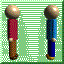 Two pixelated figures with spherical heads alternate between red and blue torso colors against a light green striped background.