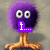 Purple cartoon character with large eyes and a brown trunk-like base, displaying text overlays in a pixelated style.