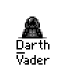 A 3x3 contact sheet of pixel art Darth Vader icons with varying poses and lightsaber states, each labeled "Darth Vader" in white text below the character.