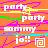 Pixelated image with repeated text fragments, colorful horizontal bands, and a spiral symbol on an orange background.