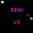 Pixelated pink text and stars on black background with gray rectangle in bottom-right corner.
