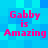 Blue pixelated background with repeated pink text "Gabby is Amazing" in four quadrants.