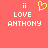 Pixelated red background with white text 'LOVE ANTHONY' and two white double-dot symbols, one with a yellow heart symbol above it.