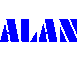 Blue pixelated text and abstract shapes on gray background, with text reading 'ALAN' and multiple fragmented blue forms.